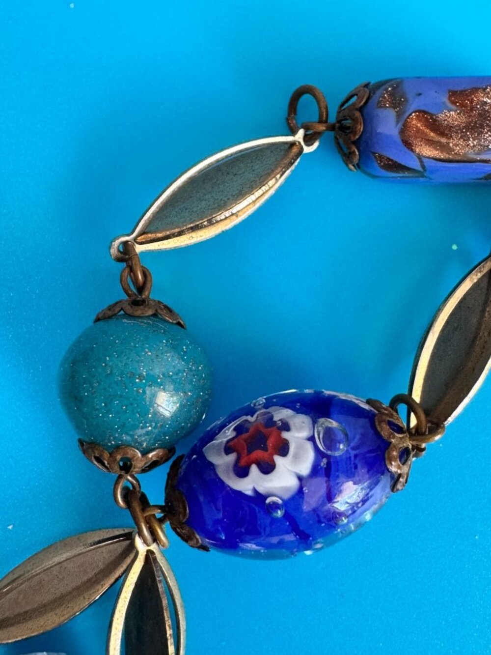 Vintage Venetian Murano Wedding Cake Glass Bead Necklace Blue Aventurine 17" - Picture 14 of 16